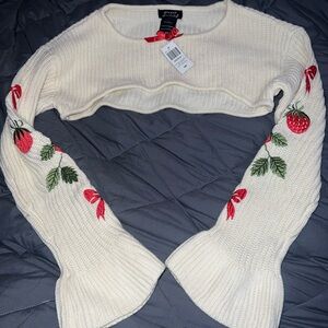 Cream Sweater with Strawberry and Leaf Embroidery